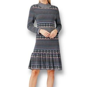 Shoshanna XL Blue Fair Isle Sweater Dress Knit Pullover Long Sleeve Cozy Retro